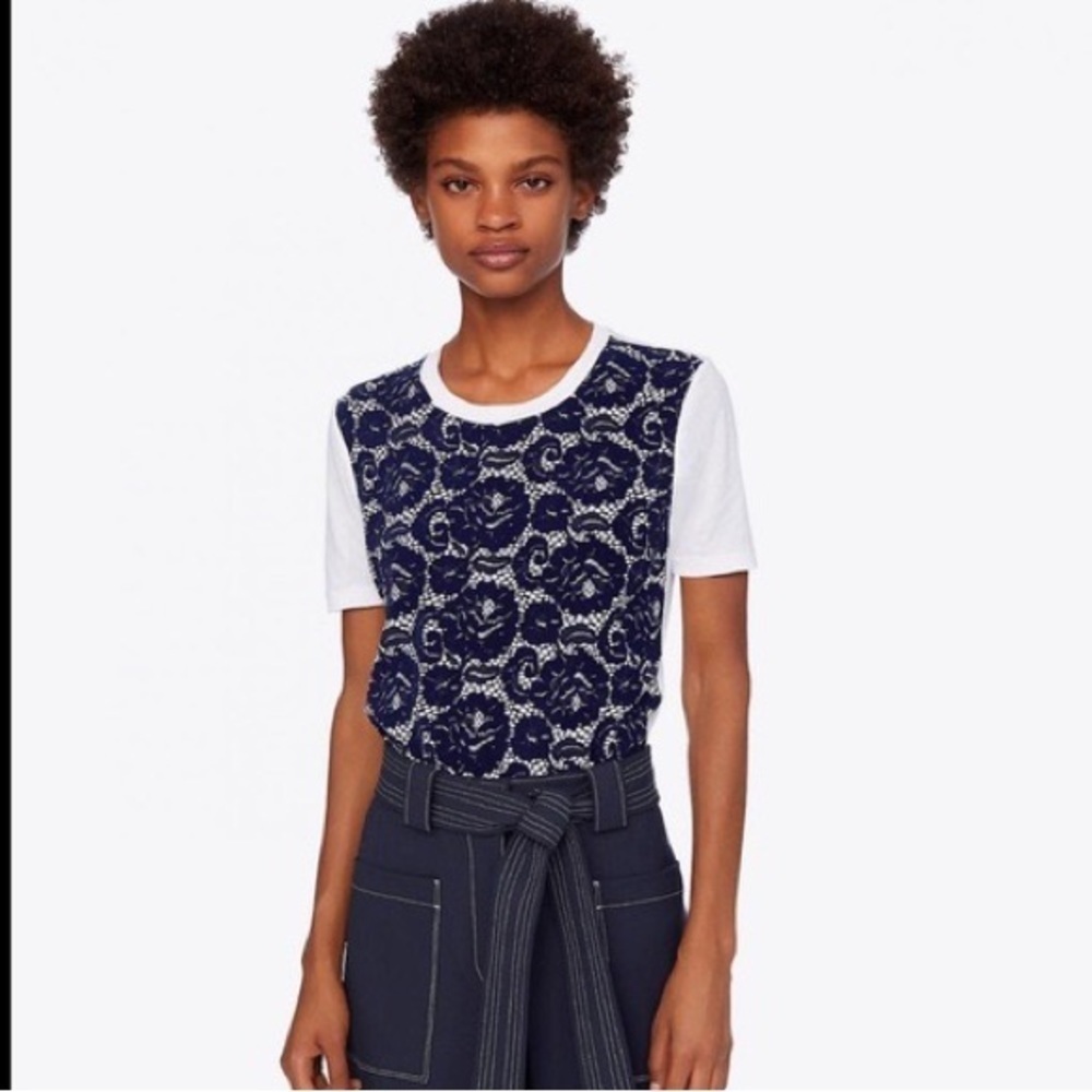 Tory Burch lace front velvet detail t-shirt, size XXS